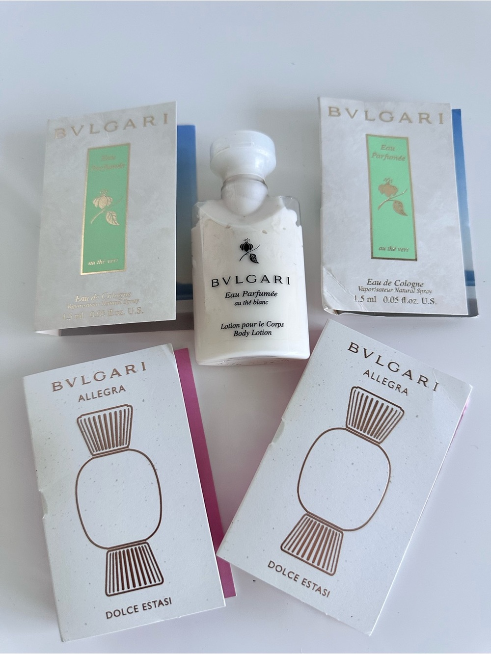 Bvlgari eau de vert, body cream sample size, Allegra exclusive samples